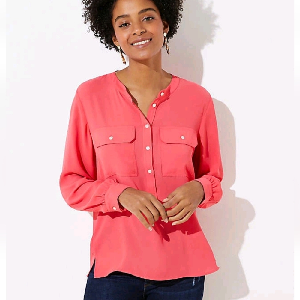 Loft Women's Geranium Coral Pink Henley Utility Long Sleeve Blouse Small